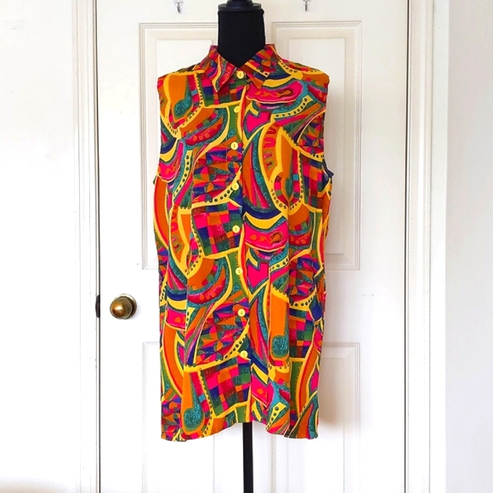 NWOT Vintage Pier 1 Imports 100% Rayon Multi Color Pattern Sleeveless Long Shirt